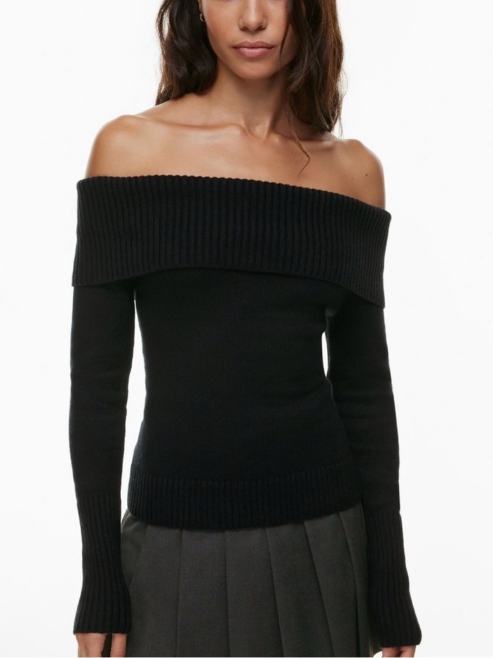 Sunday Best Off-the-Shoulder Ribbed Foldover Sweater - Black
